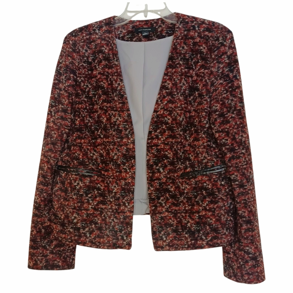 Ann Taylor Wool Blend Open Front Blazer Jacket Women's Sz Lg Black Burgundy